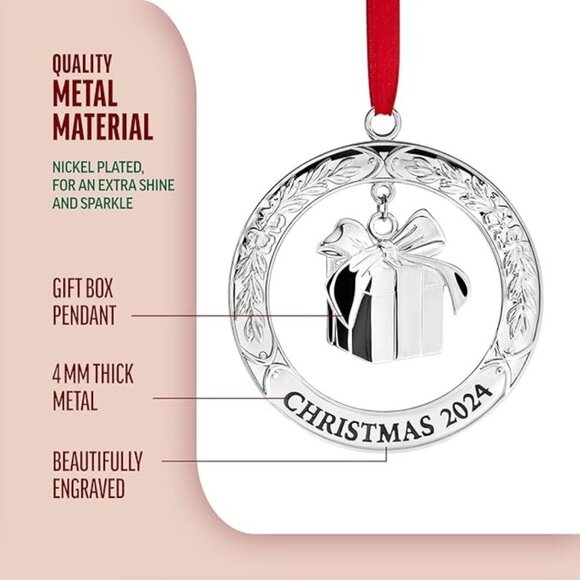 Christmas Silver 3" x 3" Wreath with Gift Box Pendant Engraved Tree Ornament - Picture 2 of 10